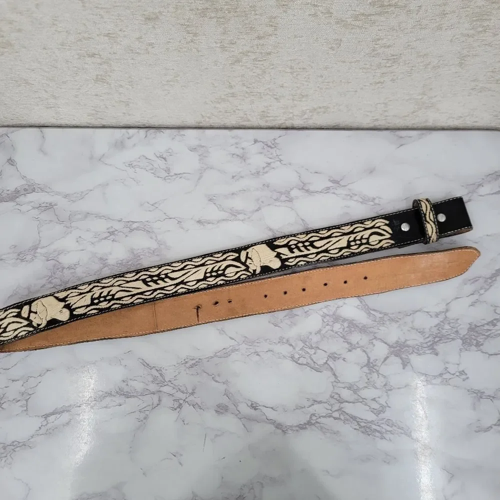 Black and Cream Embroidered Belt Mexico Western Cowboy Leather